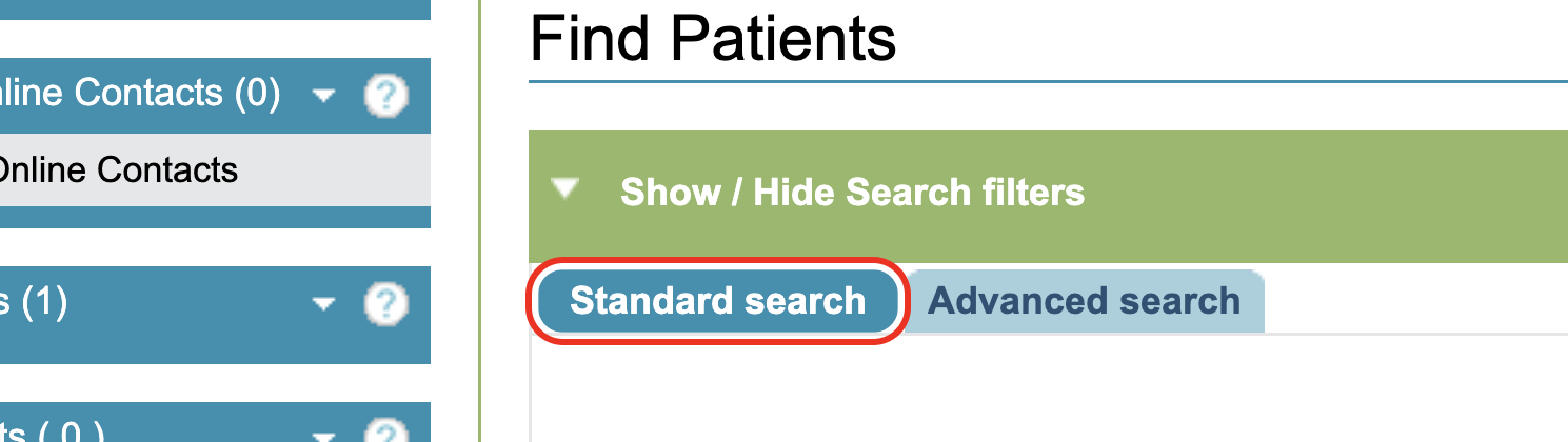 highlighting the standard search tab within the find patients feature